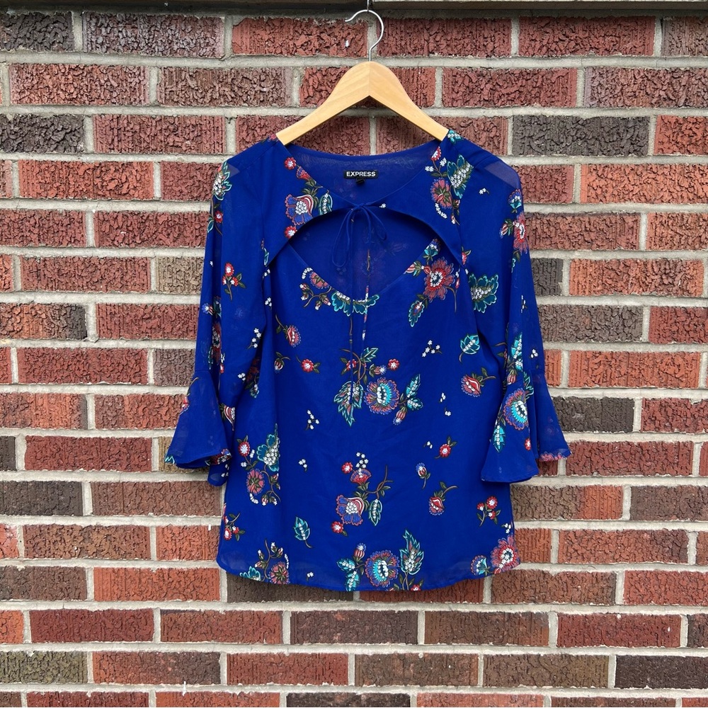 Express Royal Blue and Floral Open Tie Front Trumpet Sleeve Chiffon Blouse Top